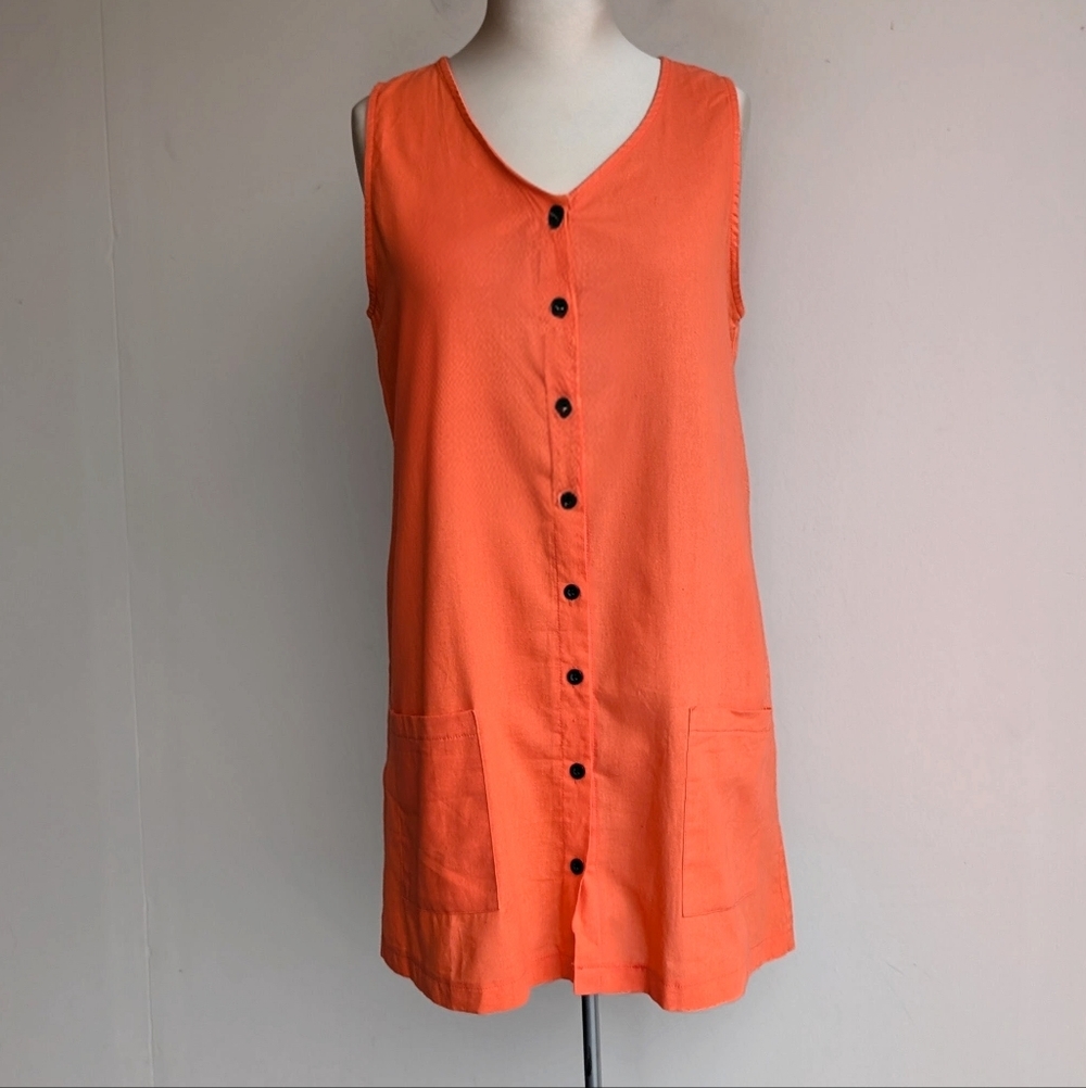 Sleeveless Orange 100% Cotton Button-Down Dress